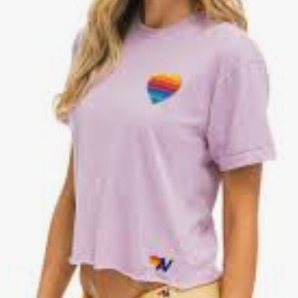 AVIATOR NATION RAINBOW HEART STITCH BOYFRIEND TEE in Mauve size L - Picture 1 of 3